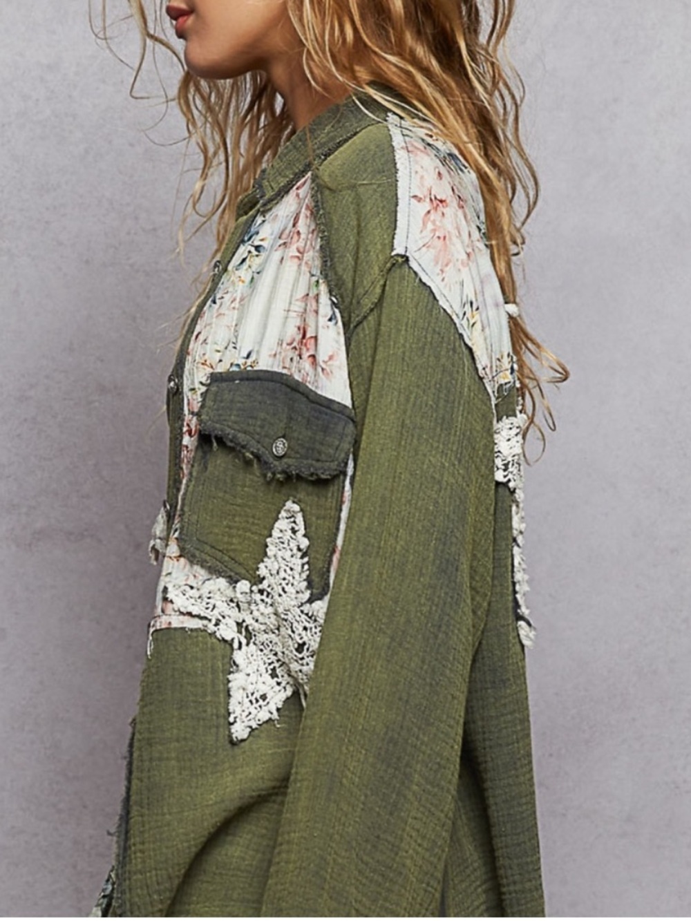 POL New Boho Patchwork Green Gauze & Floral Star Patch Long Sleeve Shirt Size L - Picture 4 of 6